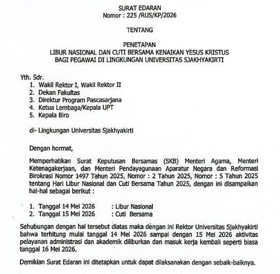 Penetapan Libur Nasional dan Cuti Bersama Kenaikan Yesus Kristus Tahun 2026